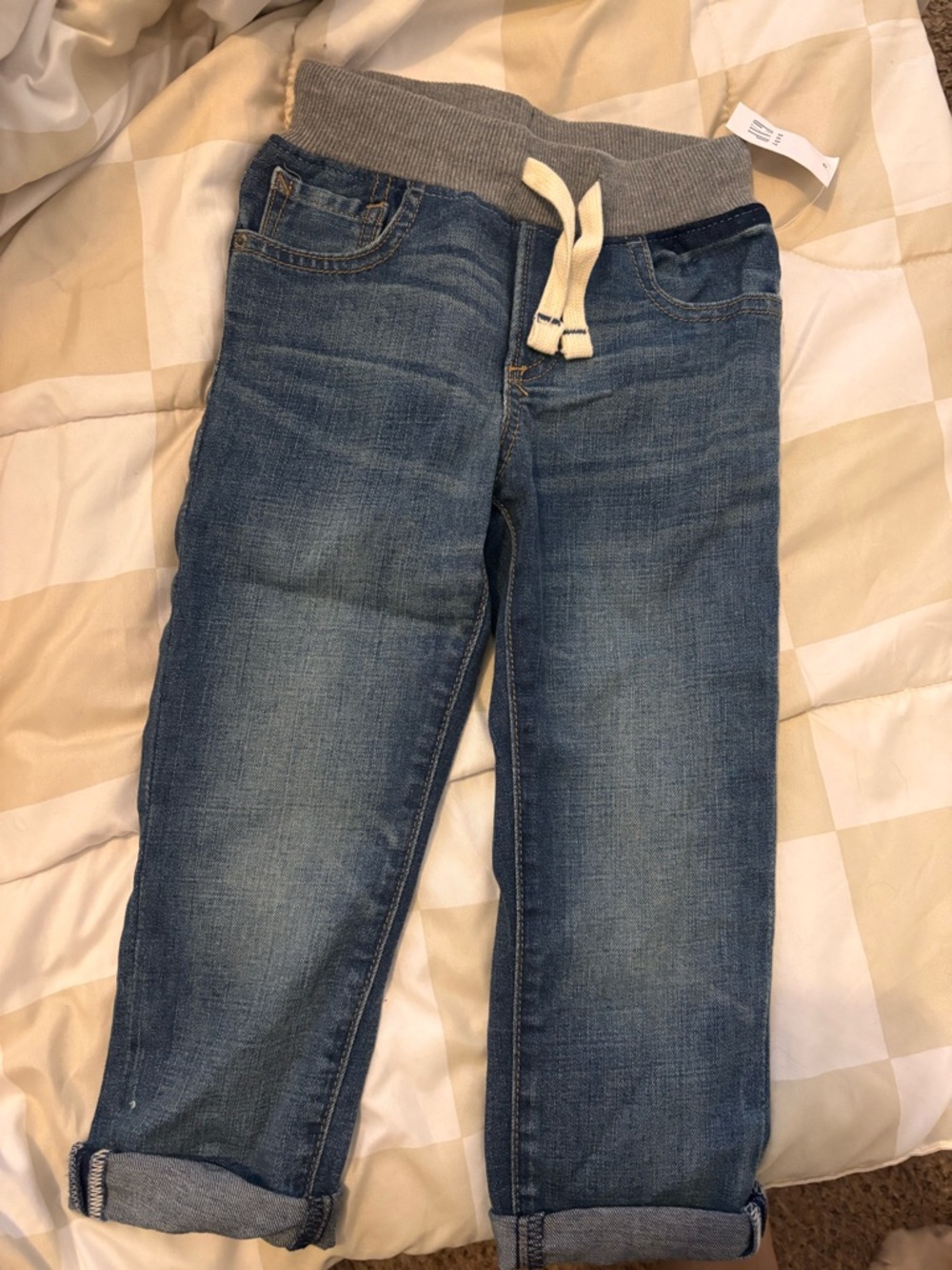 GAP Blue Denim Kids Jeans with Gray Knit Waistband and Cream Drawstring